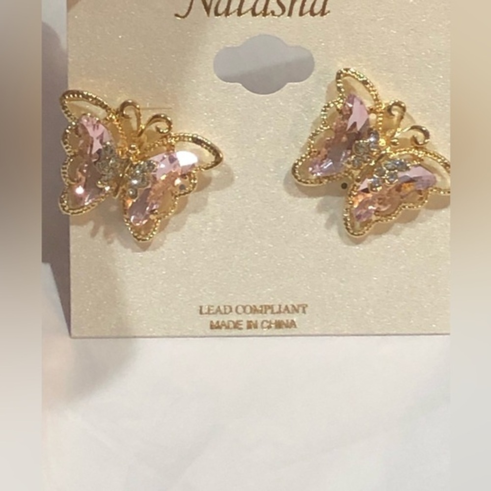 Natasha gold tone pink tourmaline gemstone crystal cz butterfly earrings new
